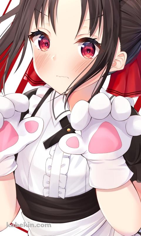 猫の手袋をはめたメイド姿の可愛い四宮かぐや（しのみや かぐや） / 副会長 / かぐや様は告らせたい～天才たちの恋愛頭脳戦～のAndroidの壁紙(480px x 800px) スマホ用