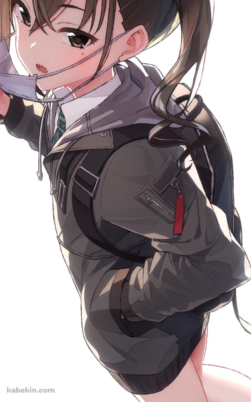 白いマスクを引っ張る黒いリュックを背負った可愛い砂塚あきら / アイドルマスターシンデレラガールズのAndroidの壁紙(800px x 1280px) スマホ用
