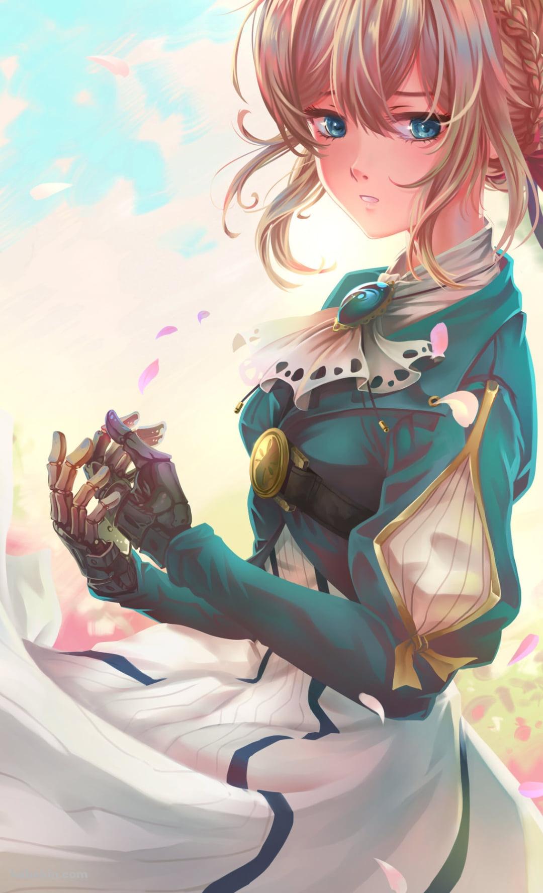 春、桜の花びらを見つめるヴァイオレット・エヴァーガーデンのAndroidの壁紙(1080px x 1776px) スマホ用