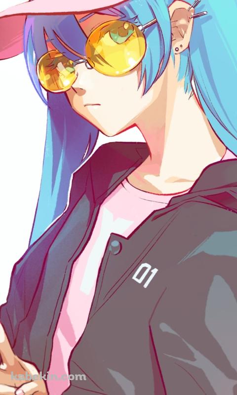 カジュアルファッション 黄色い眼鏡をかけたポップな衣装の初音ミク / ボカロ / ボーカロイドのAndroidの壁紙(480px x 800px) スマホ用