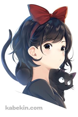 めちゃくちゃ可愛いキキと肩に乗ったジジ / 赤いリボン / 魔女の宅急便 / ジブリのAndroidの壁紙(320px x 480px) スマホ用