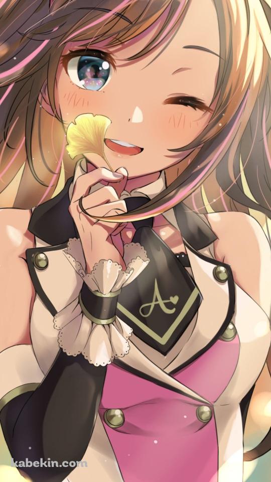銀杏の葉を持ちウィンクするキズナアイ / バーチャルYouTuberのAndroidの壁紙(540px x 960px) スマホ用