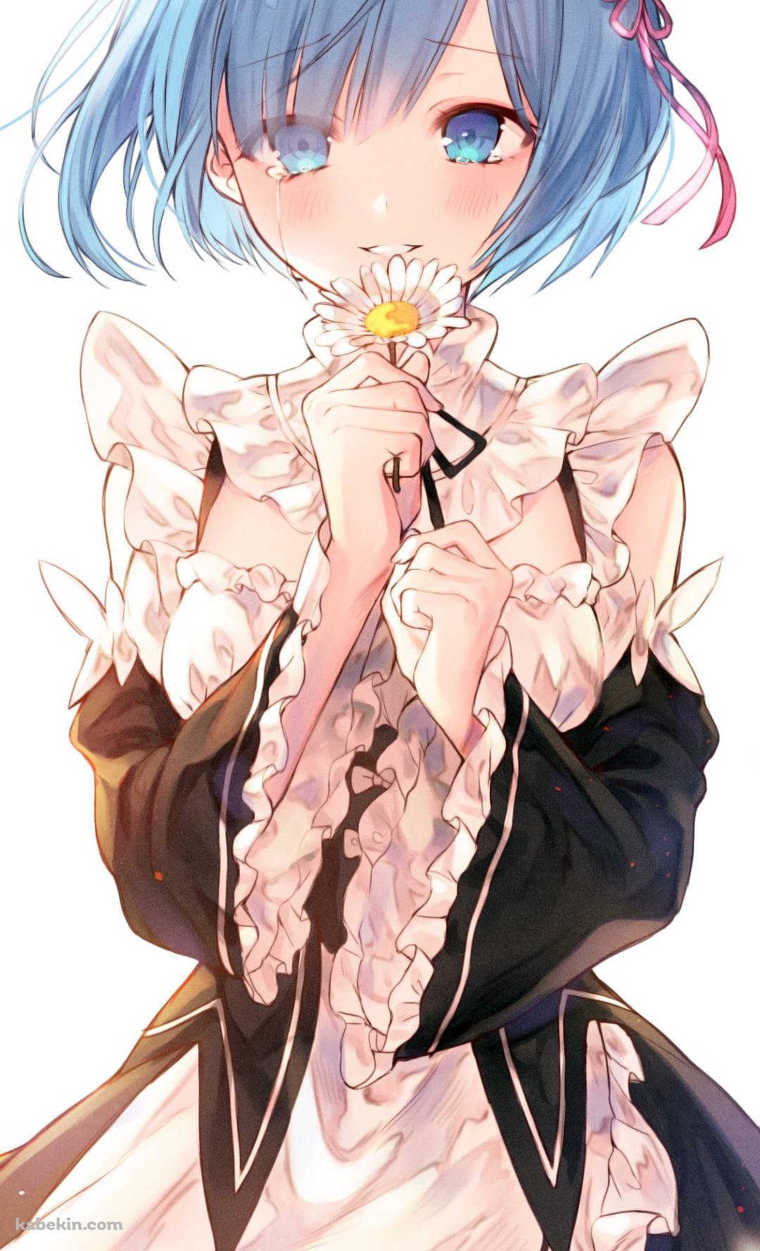 白いマーガレットの花を持つレム / Re:ゼロから始める異世界生活のAndroidの壁紙(1080px x 1776px) スマホ用