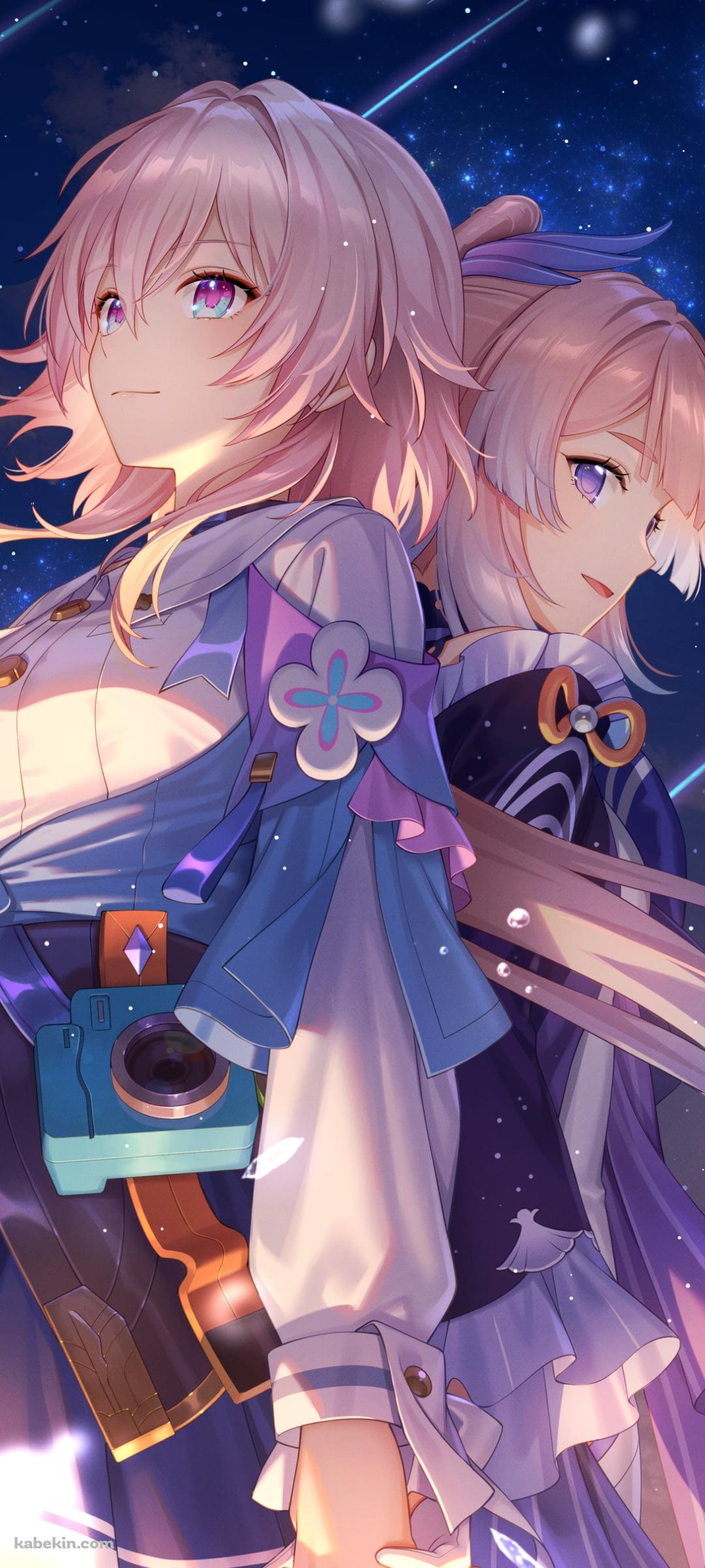背中合わせで立つ珊瑚宮心海と三月七 / 崩壊:スターレイル / 原神のAndroidの壁紙(1080px x 2400px) スマホ用