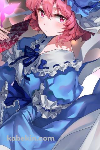 光るピンクの蝶と赤い扇子を持つ西行寺幽々子(さいぎょうじ ゆゆこ) / 東方妖々夢のAndroidの壁紙(320px x 480px) スマホ用