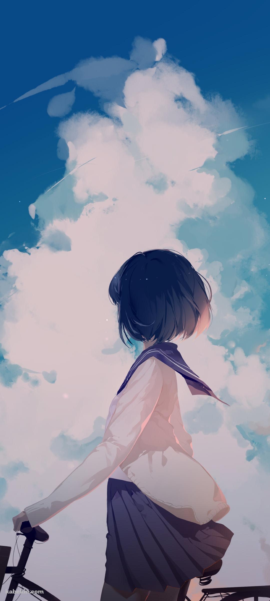 青い空 / 入道雲を眺める自転車にまたがった女子高生のAndroidの壁紙(1080px x 2400px) スマホ用