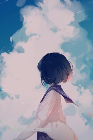 青い空 / 入道雲を眺める自転車にまたがった女子高生のAndroidの壁紙(320px x 480px) スマホ用