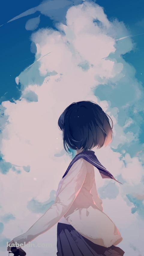 青い空 / 入道雲を眺める自転車にまたがった女子高生のAndroidの壁紙(480px x 854px) スマホ用