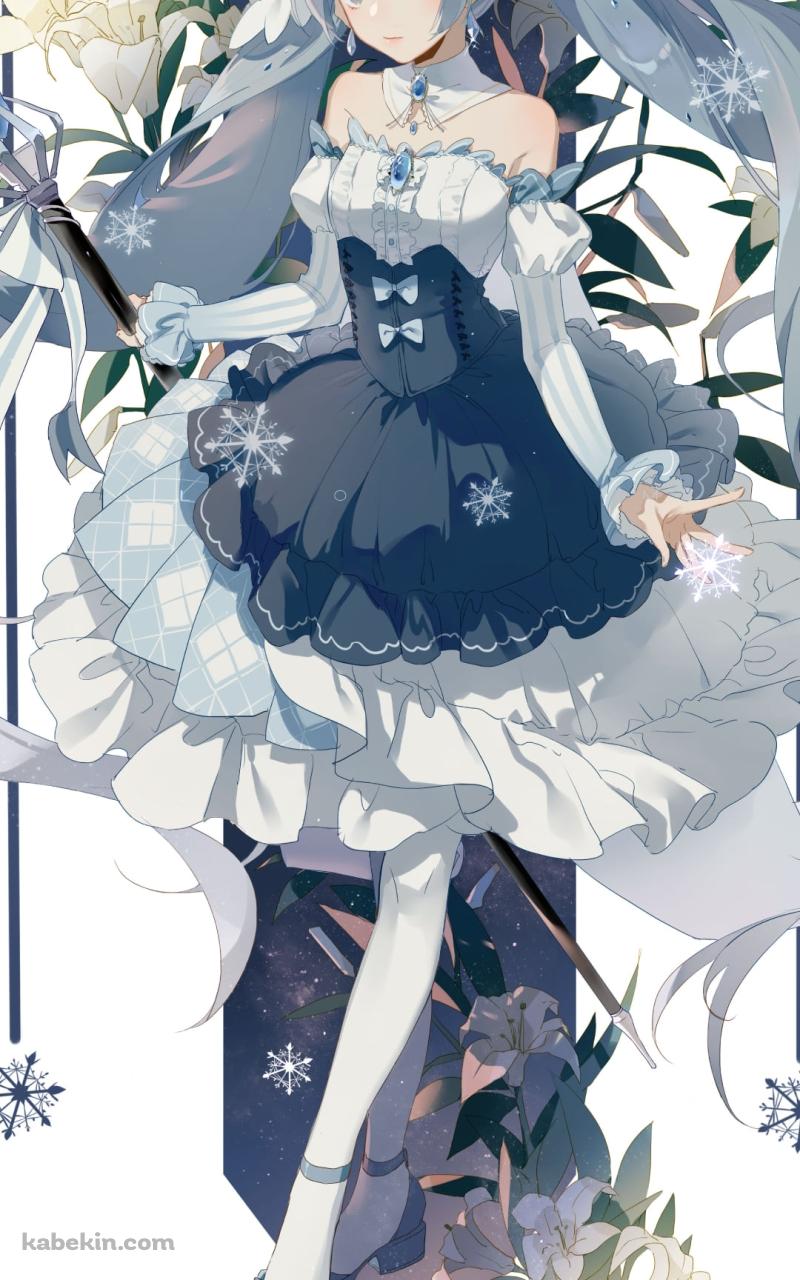 白い百合の花と杖を持つ初音ミク / ボカロ / ボーカロイドのAndroidの壁紙(800px x 1280px) スマホ用