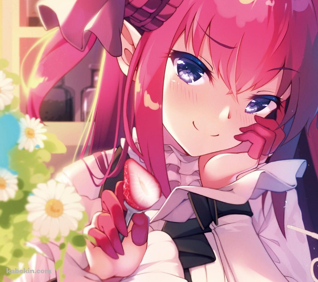 苺のケーキの前で立て肘をついて微笑むエリザベート・バートリー / Fate/extra cccのAndroidの壁紙(1080px x 960px) スマホ用