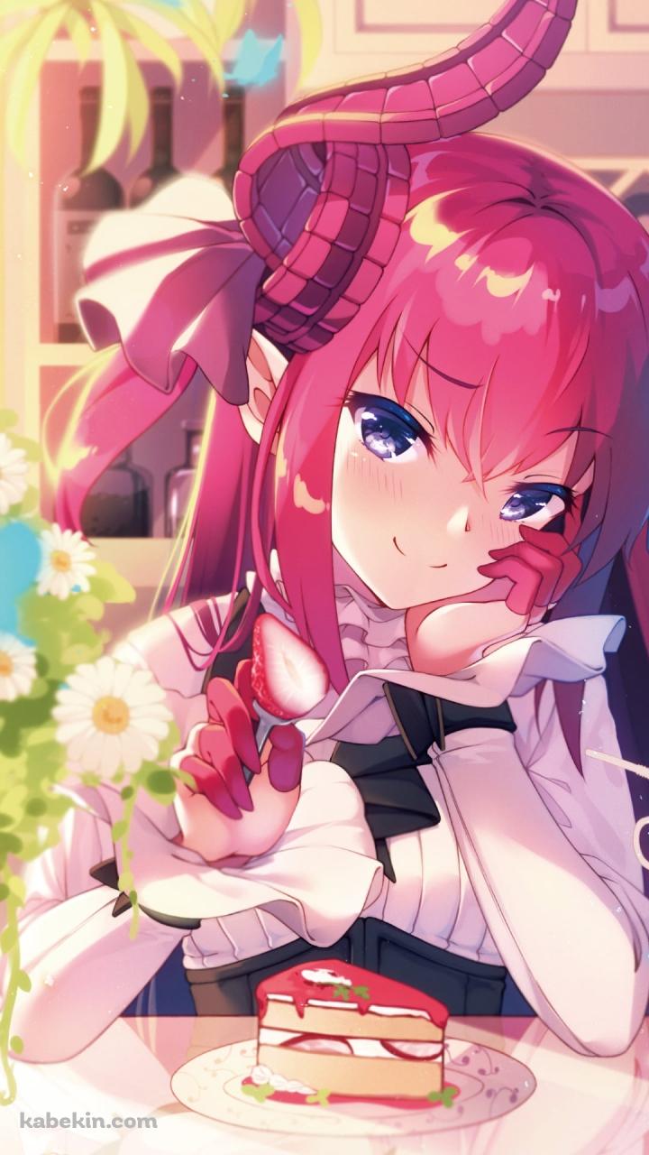 苺のケーキの前で立て肘をついて微笑むエリザベート・バートリー / Fate/extra cccのAndroidの壁紙(720px x 1280px) スマホ用