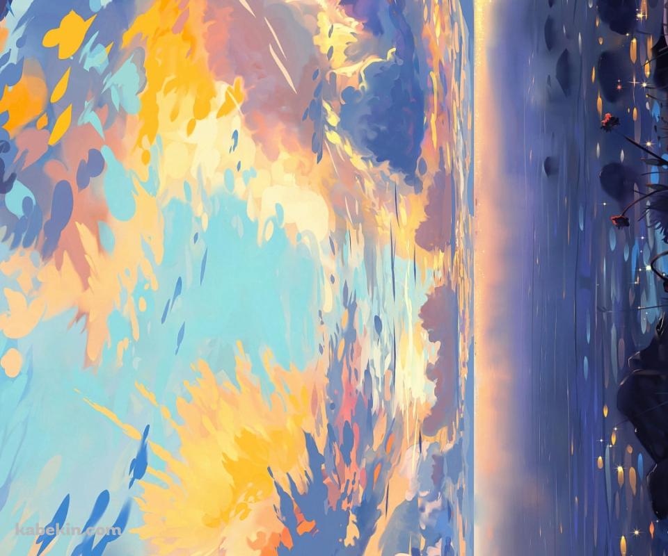 湖のほとりで船を眺める少女のAndroidの壁紙(960px x 800px) スマホ用