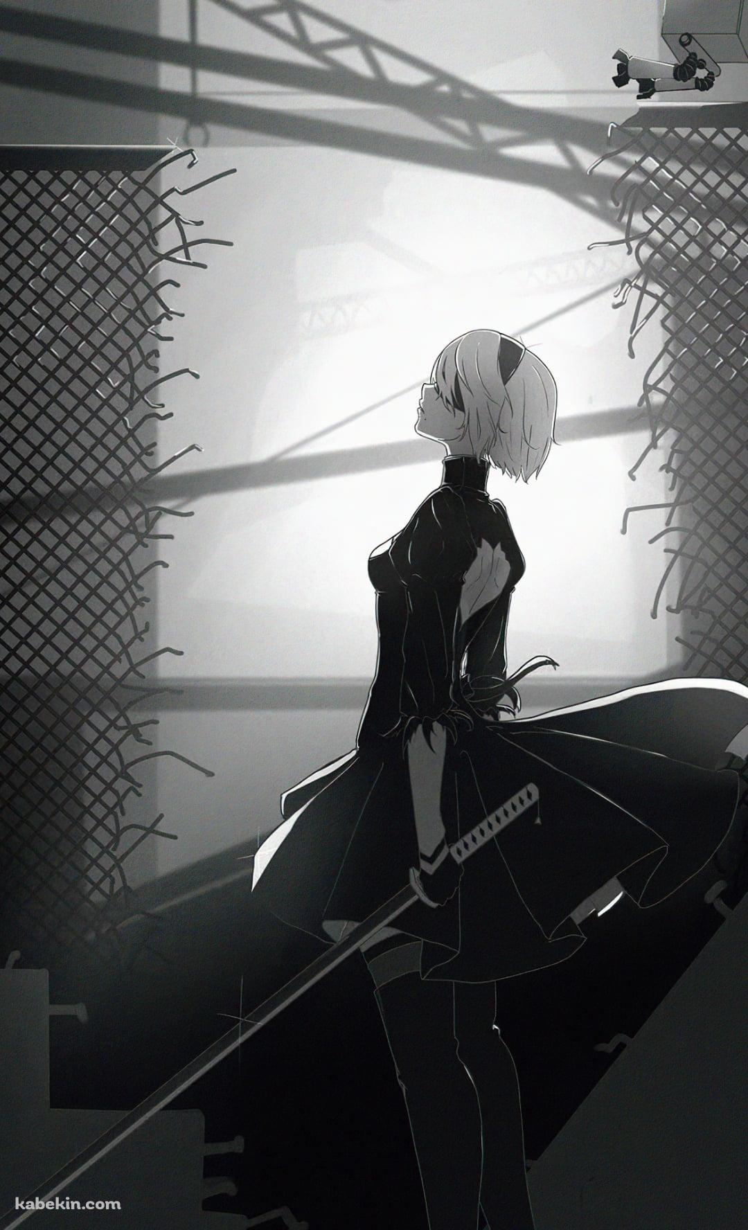 剣を持ち上を見上げる2B / ニーアオートマタ / モノクロのAndroidの壁紙(1080px x 1776px) スマホ用