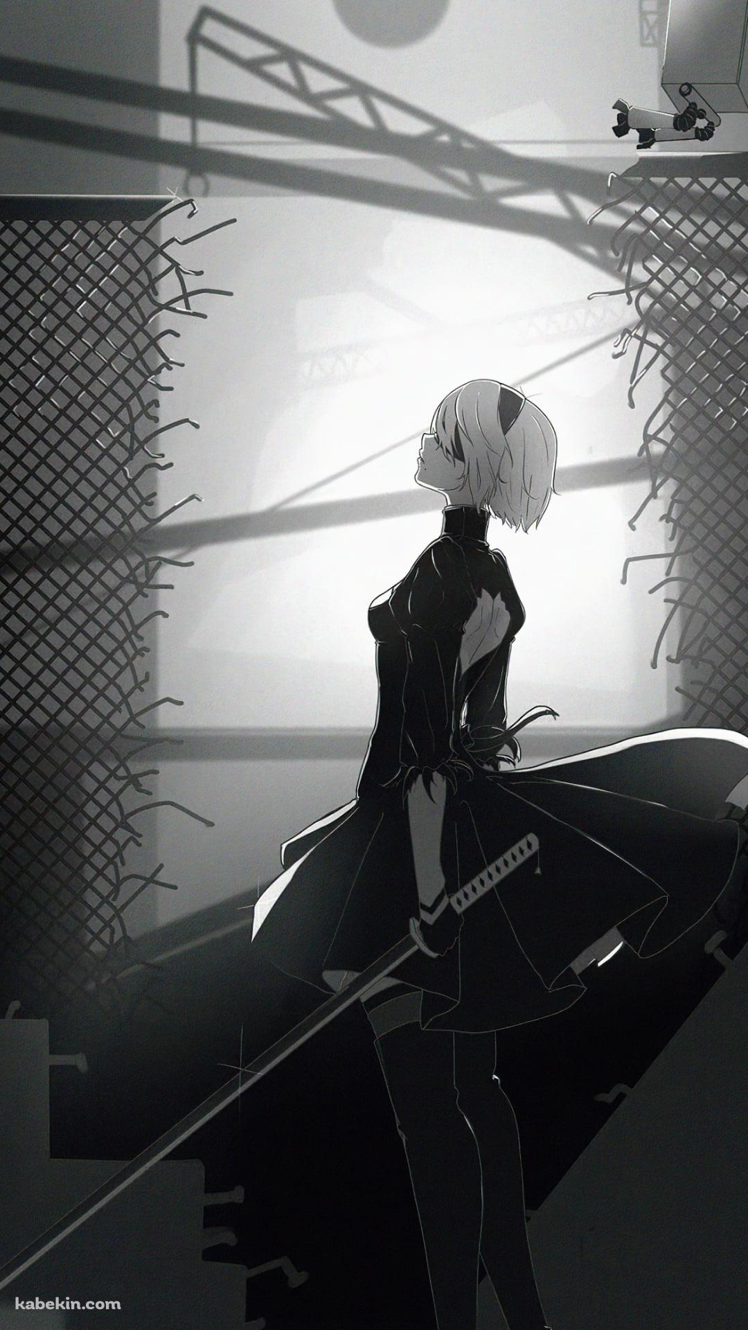 剣を持ち上を見上げる2B / ニーアオートマタ / モノクロのAndroidの壁紙(1080px x 1920px) スマホ用