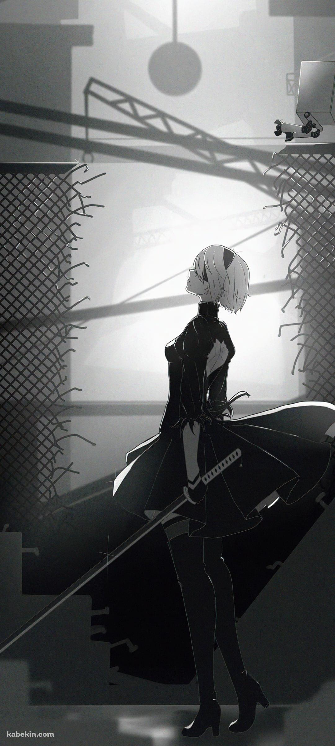 剣を持ち上を見上げる2B / ニーアオートマタ / モノクロのAndroidの壁紙(1080px x 2400px) スマホ用