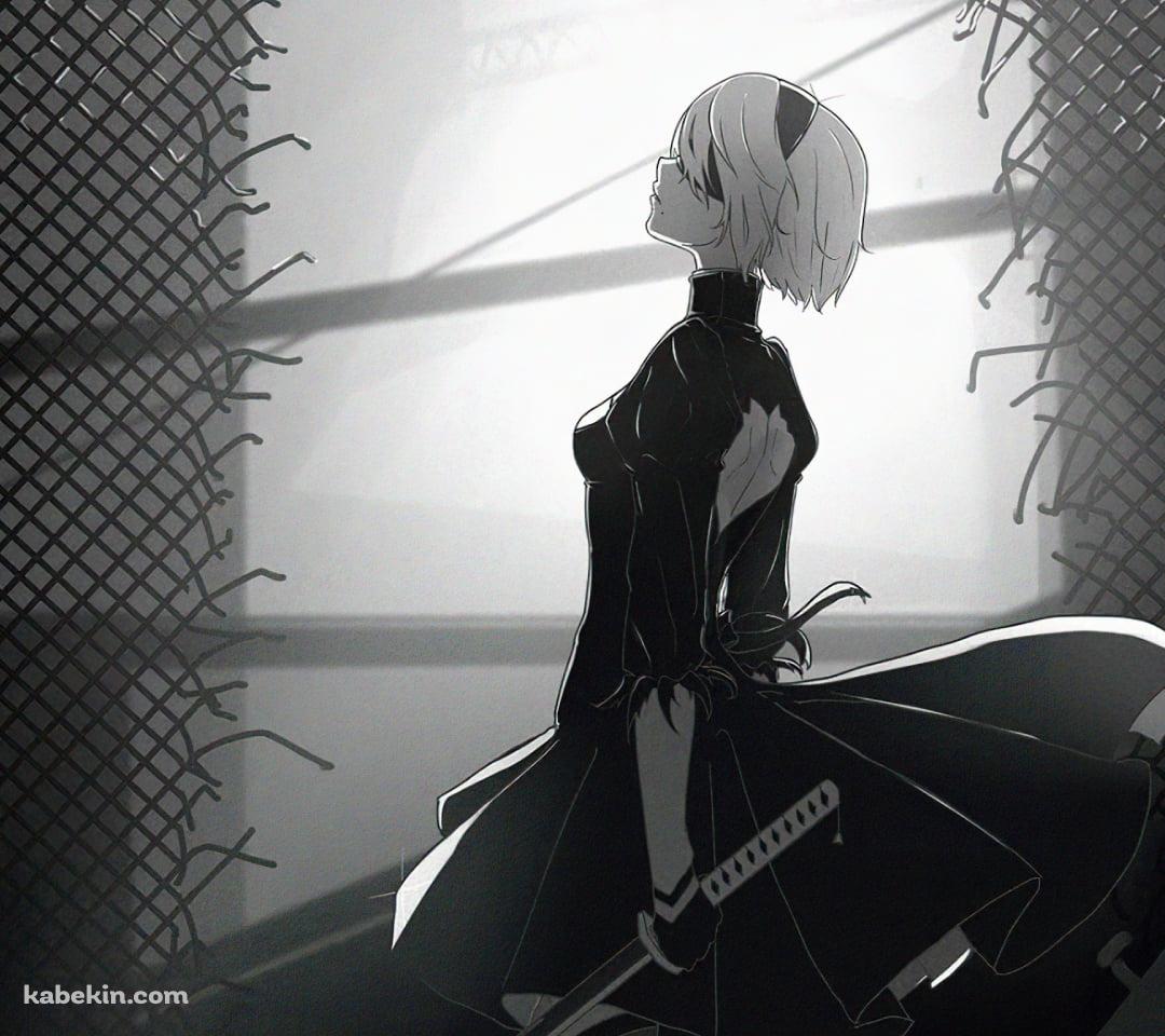 剣を持ち上を見上げる2B / ニーアオートマタ / モノクロのAndroidの壁紙(1080px x 960px) スマホ用