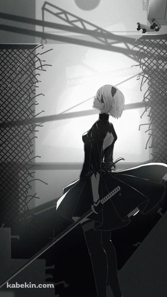 剣を持ち上を見上げる2B / ニーアオートマタ / モノクロのAndroidの壁紙(540px x 960px) スマホ用
