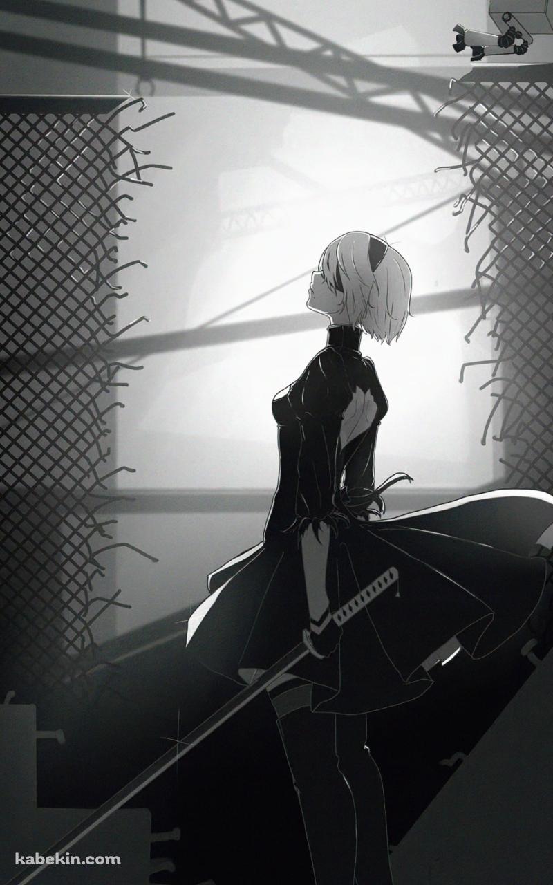 剣を持ち上を見上げる2B / ニーアオートマタ / モノクロのAndroidの壁紙(800px x 1280px) スマホ用