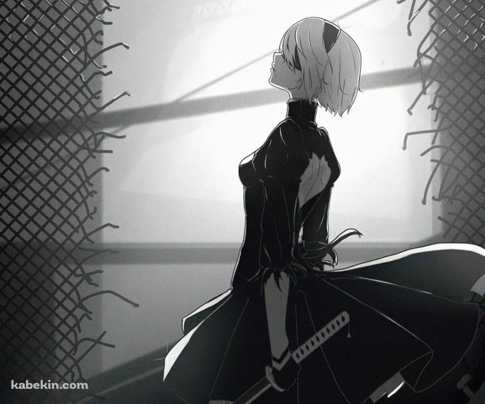 剣を持ち上を見上げる2B / ニーアオートマタ / モノクロのAndroidの壁紙(960px x 800px) スマホ用