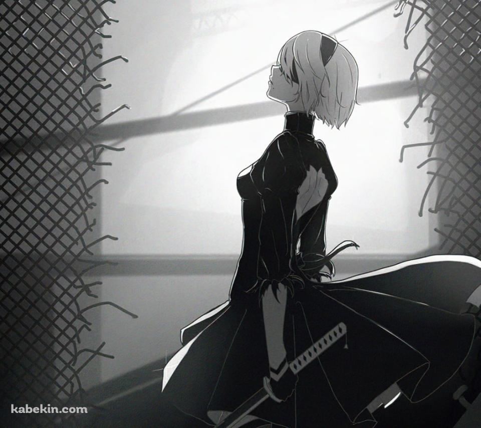 剣を持ち上を見上げる2B / ニーアオートマタ / モノクロのAndroidの壁紙(960px x 854px) スマホ用
