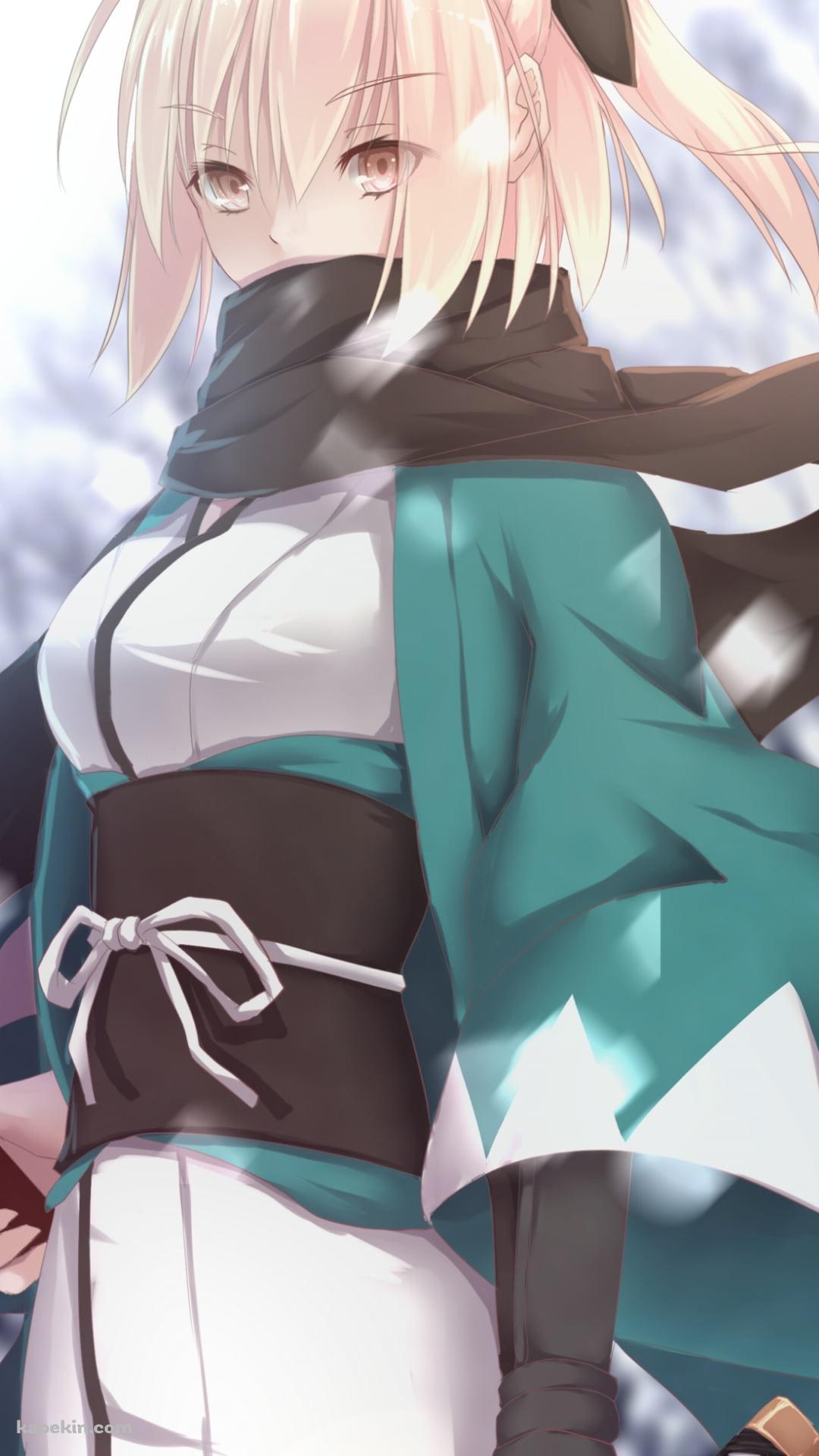 雪の中で剣を抜く沖田総司 / FateのAndroidの壁紙(1080px x 1920px) スマホ用