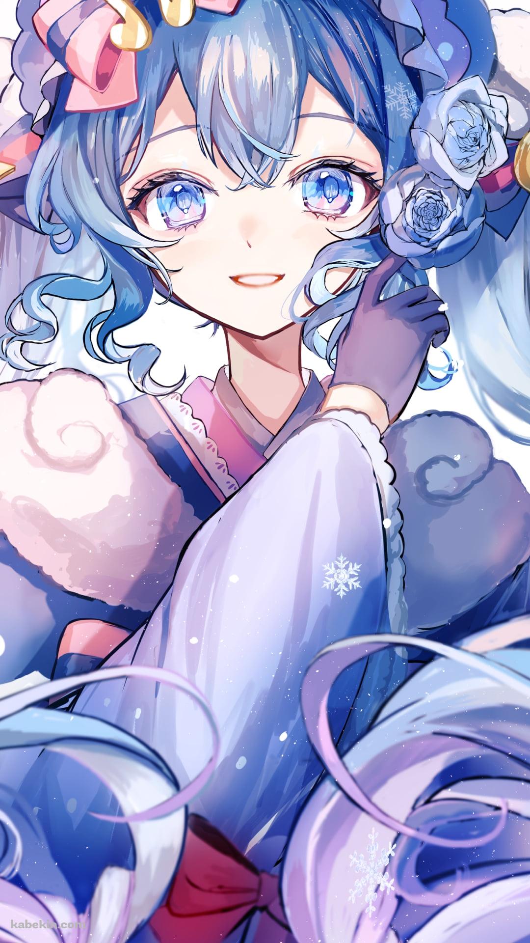 青紫の着物を着た雪ミク / 青い薔薇 / 初音ミク / ボカロ / ボーカロイドのAndroidの壁紙(1080px x 1920px) スマホ用