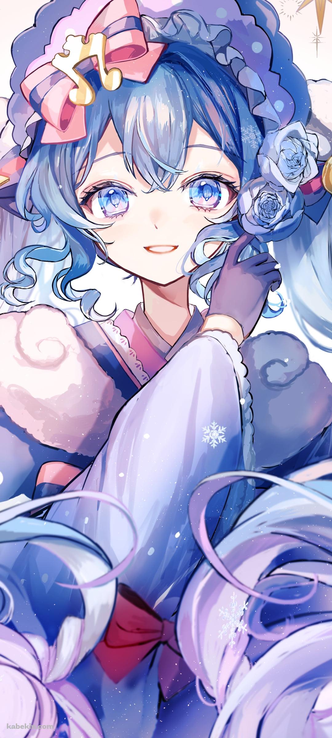 青紫の着物を着た雪ミク / 青い薔薇 / 初音ミク / ボカロ / ボーカロイドのAndroidの壁紙(1080px x 2400px) スマホ用