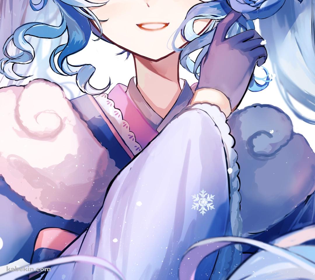 青紫の着物を着た雪ミク / 青い薔薇 / 初音ミク / ボカロ / ボーカロイドのAndroidの壁紙(1080px x 960px) スマホ用