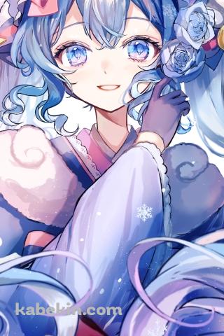 青紫の着物を着た雪ミク / 青い薔薇 / 初音ミク / ボカロ / ボーカロイドのAndroidの壁紙(320px x 480px) スマホ用