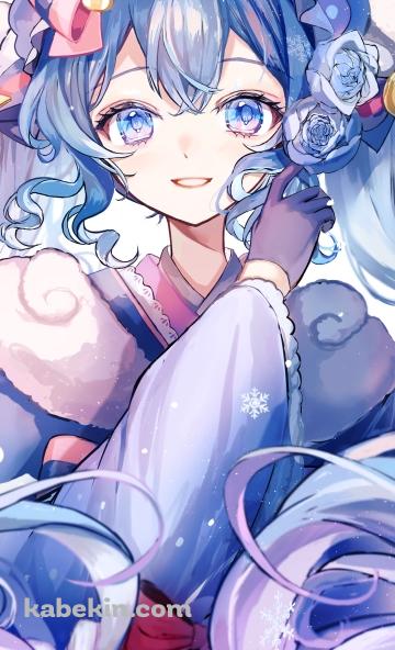 青紫の着物を着た雪ミク / 青い薔薇 / 初音ミク / ボカロ / ボーカロイドのAndroidの壁紙(360px x 592px) スマホ用