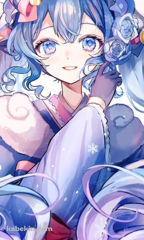 青紫の着物を着た雪ミク / 青い薔薇 / 初音ミク / ボカロ / ボーカロイドのAndroidの壁紙(480px x 800px) スマホ用