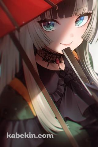 赤い和傘越しに黒い扇子を持ち微笑む儒烏風亭らでん(じゅうふうていらでん) / ホロライブ / バーチャルYouTuber / VtuberのAndroidの壁紙(320px x 480px) スマホ用