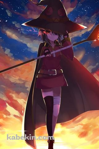 帽子に手をかけて杖をかざすめぐみん / この素晴らしい世界に祝福を!のAndroidの壁紙(320px x 480px) スマホ用