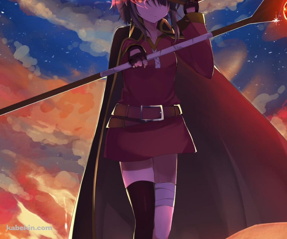 帽子に手をかけて杖をかざすめぐみん / この素晴らしい世界に祝福を!のAndroidの壁紙(960px x 800px) スマホ用