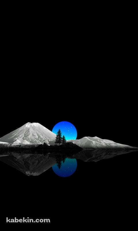 鏡面する雪山と青い月 / 黒い背景のAndroidの壁紙(480px x 800px) スマホ用