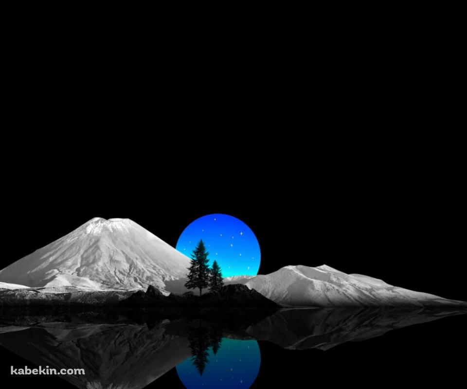 鏡面する雪山と青い月 / 黒い背景のAndroidの壁紙(960px x 800px) スマホ用