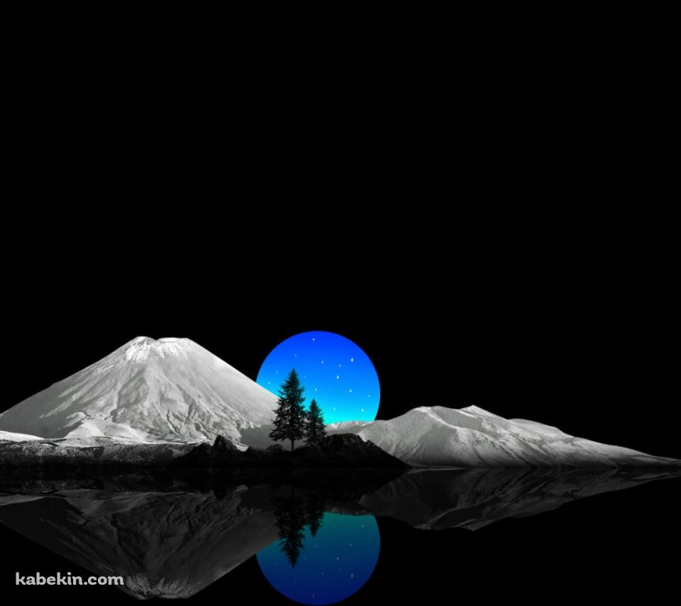 鏡面する雪山と青い月 / 黒い背景のAndroidの壁紙(960px x 854px) スマホ用