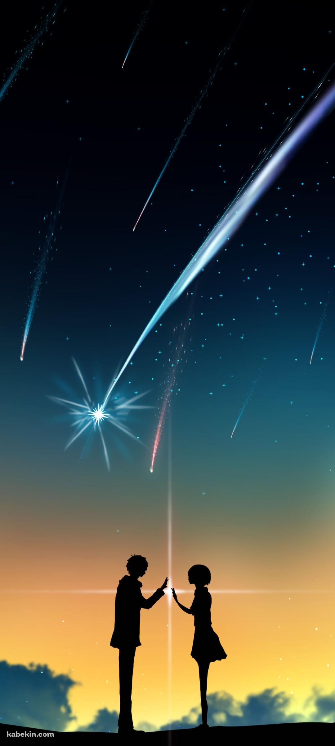 手を合わせる宮水三葉とハラダミユキのシルエット / 流れ星 / 君の名は。のAndroidの壁紙(1080px x 2400px) スマホ用