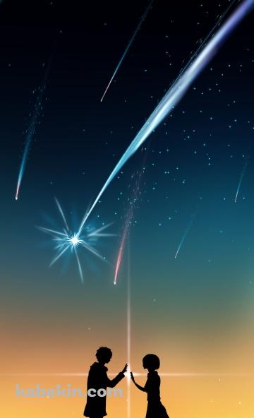 手を合わせる宮水三葉とハラダミユキのシルエット / 流れ星 / 君の名は。のAndroidの壁紙(360px x 592px) スマホ用