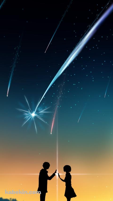 手を合わせる宮水三葉とハラダミユキのシルエット / 流れ星 / 君の名は。のAndroidの壁紙(480px x 854px) スマホ用