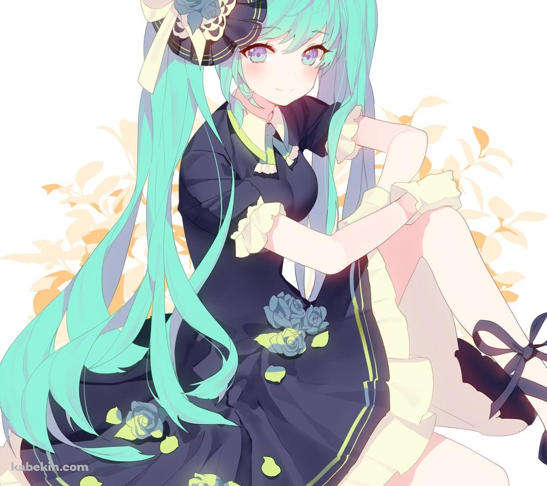 黒いドレスを着て座る可愛い初音ミク / ボカロ / ボーカロイドのAndroidの壁紙(1080px x 960px) スマホ用