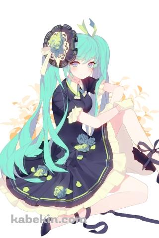 黒いドレスを着て座る可愛い初音ミク / ボカロ / ボーカロイドのAndroidの壁紙(320px x 480px) スマホ用
