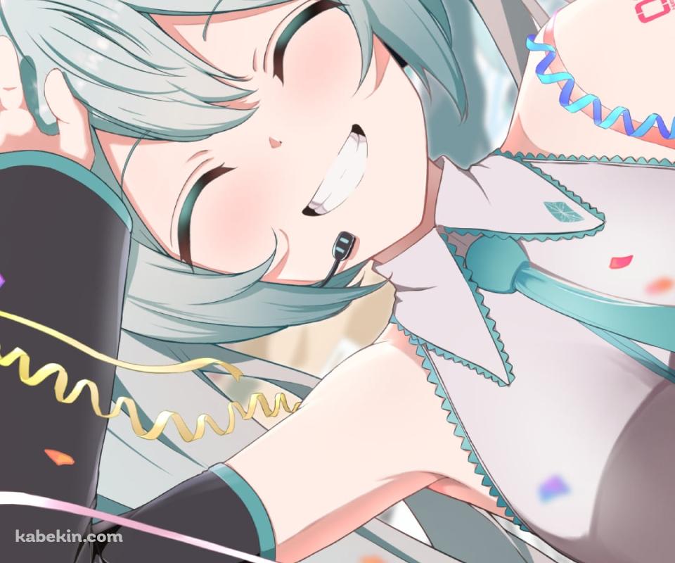 ヘッドセットをつけた笑顔の初音ミク / 紙ふぶき / ボカロ / ボーカロイドのAndroidの壁紙(960px x 800px) スマホ用
