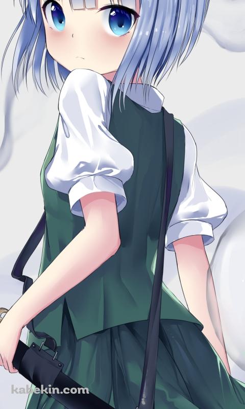 黒い刀に手をかけて振り返る魂魄妖夢 / 東方のAndroidの壁紙(480px x 800px) スマホ用