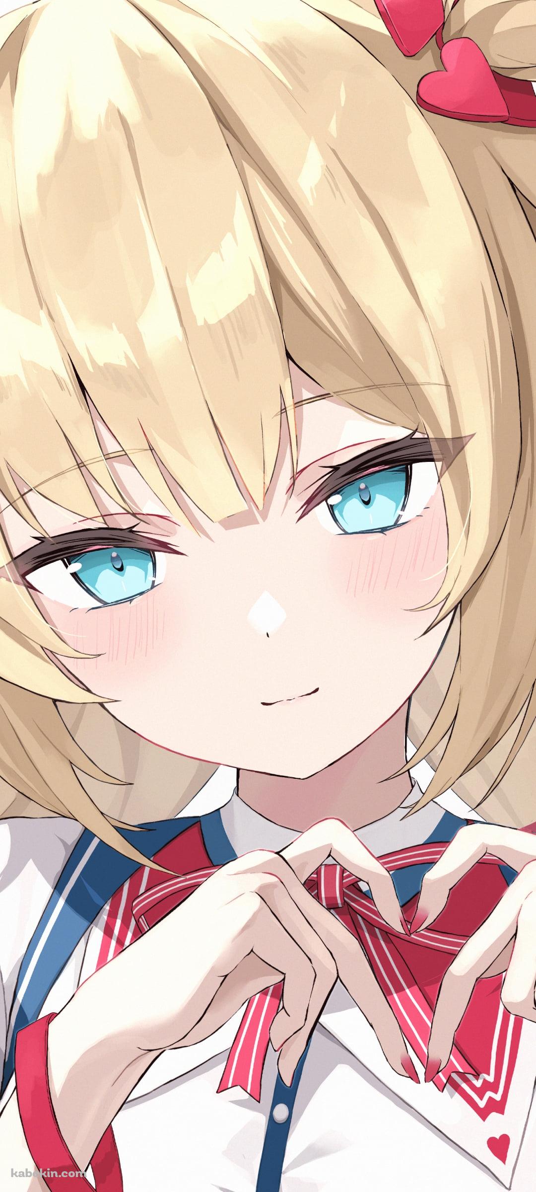 指でハートを作る赤井はあと / ブロンド / 緑の瞳 / ホロライブ / バーチャルYouTuber / VtuberのAndroidの壁紙(1080px x 2400px) スマホ用