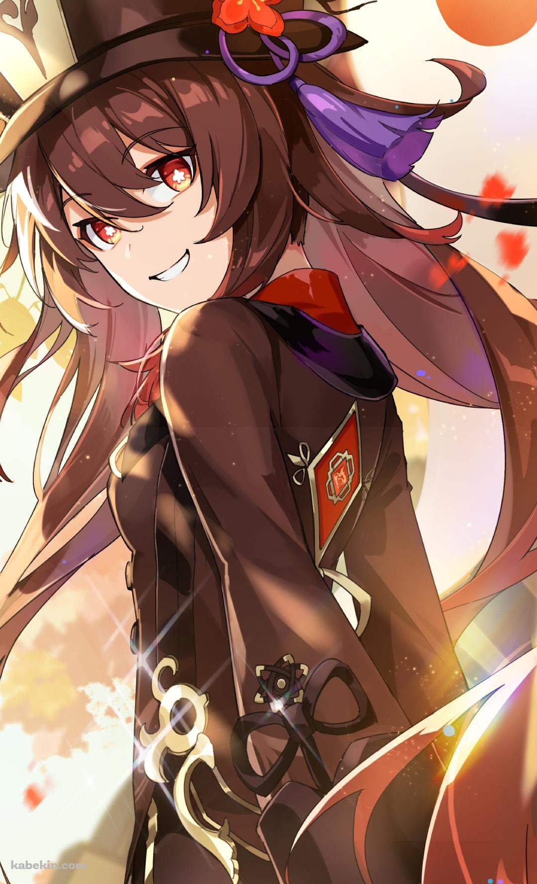 紅葉が舞い散る中、後ろ手を組み振り返る微笑む胡桃 / 原神のAndroidの壁紙(1080px x 1776px) スマホ用