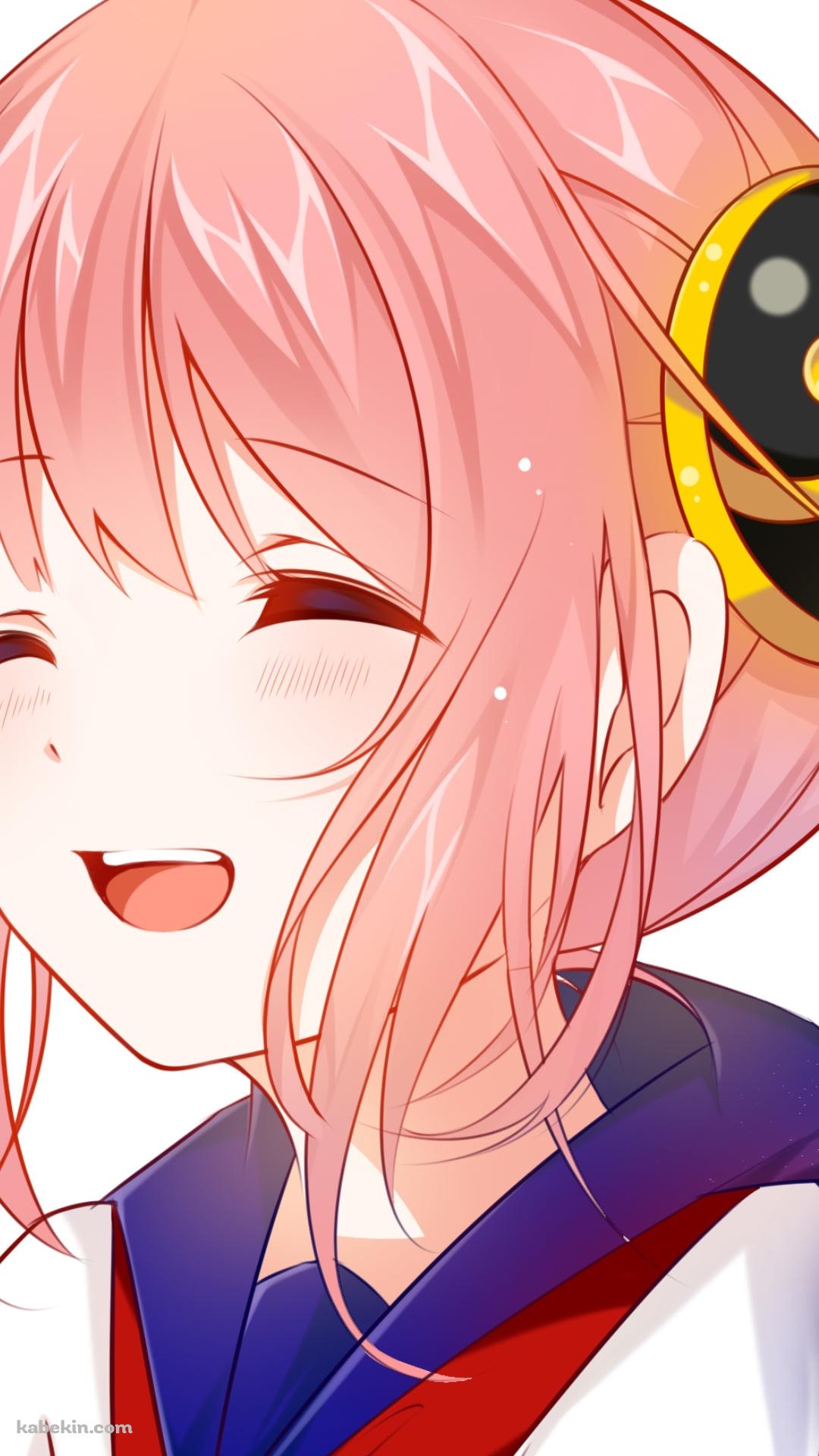 ピンクの紙ふぶきと笑顔の神楽 / 銀魂のAndroidの壁紙(1080px x 1920px) スマホ用