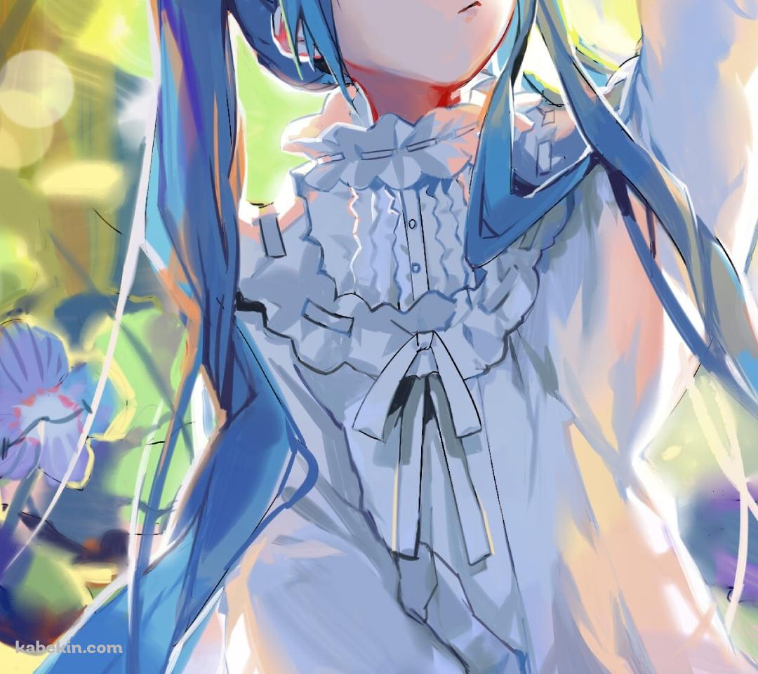 木の籠に青い花を摘むかわいい初音ミク / ボカロ / ボーカロイドのAndroidの壁紙(1080px x 960px) スマホ用