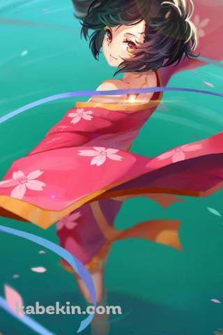 水に足を浸けて紫の紐を持つ無名 / 甲鉄城のカバネリのAndroidの壁紙(320px x 480px) スマホ用