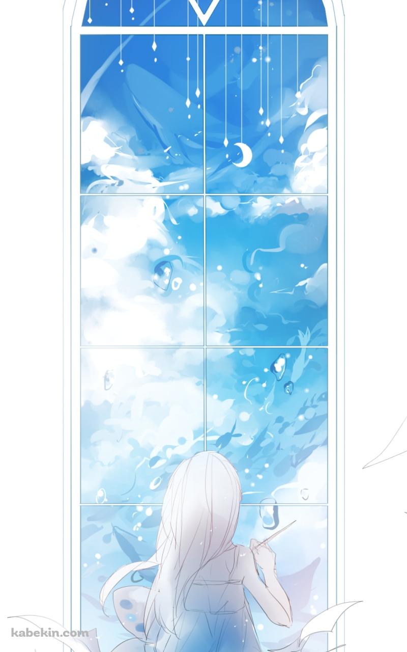 大きな窓越しに青い空を見る少女のAndroidの壁紙(800px x 1280px) スマホ用